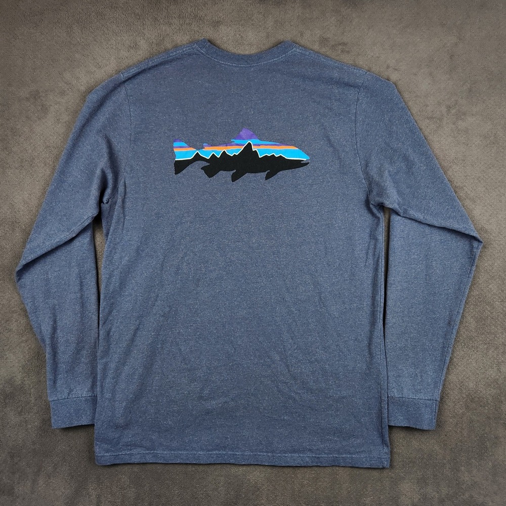 Patagonia Fitz‎ Roy Trout Responsibili-Tee Shirt Mens Large Blue Long Sleeve
